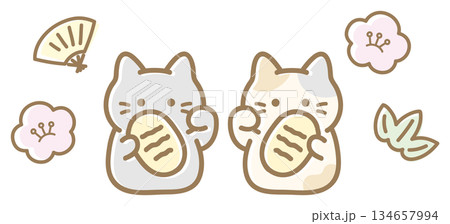 招き猫と梅と笹と扇、黒猫の招き猫と三毛猫の招き猫 招き猫と梅と笹と扇、黒猫の招き猫と三毛猫の招き猫 134657994