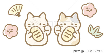 招き猫と梅と笹と扇、白猫の招き猫と三毛猫の招き猫 134657995