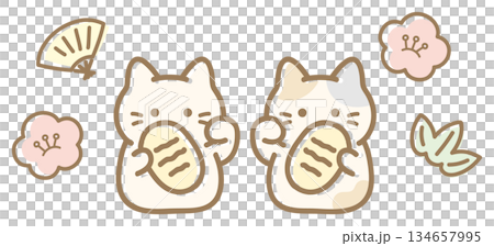 招き猫と梅と笹と扇、白猫の招き猫と三毛猫の招き猫 134657995