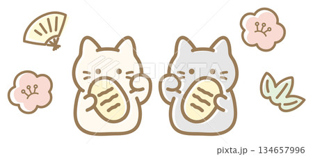 招き猫と梅と笹と扇、白猫の招き猫と黒猫の招き猫 招き猫と梅と笹と扇、白猫の招き猫と黒猫の招き猫 134657996