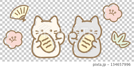 招き猫と梅と笹と扇、白猫の招き猫と黒猫の招き猫 招き猫と梅と笹と扇、白猫の招き猫と黒猫の招き猫 134657996