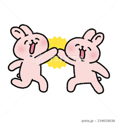 ハイタッチする笑顔のウサギたち 134658036