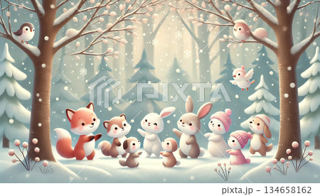 雪降る冬の森でキツネとうさぎ小鳥たちが輪になって集う心和む絵本風ファンタジー 雪降る冬の森でキツネとうさぎ小鳥たちが輪になって集う心和む絵本風ファンタジー 134658162