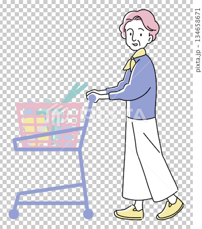 一位老婦人推著購物車的全身插圖 134658671