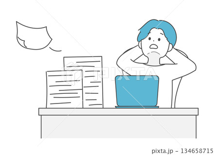 書類が多すぎて途方に暮れるフリーランスの男性 書類が多すぎて途方に暮れるフリーランスの男性 134658715