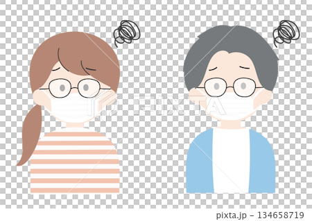 Flat illustration set of men and women whose glasses are fogged up by masks and hard to see 134658719