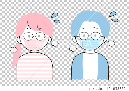 A minimal illustration set of men and women whose glasses are fogged up by masks and hard to see A minimal illustration set of men and women whose glasses are fogged up by masks and hard to see 134658722