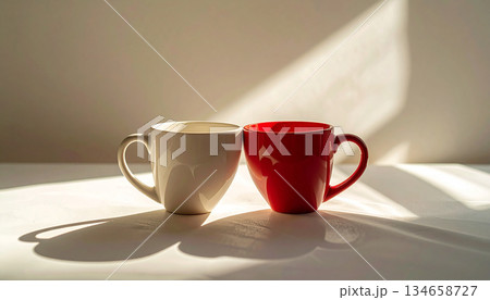 Two Coffee Mugs Sit Side By Side in Soft Morning Light on a White Table. 134658727