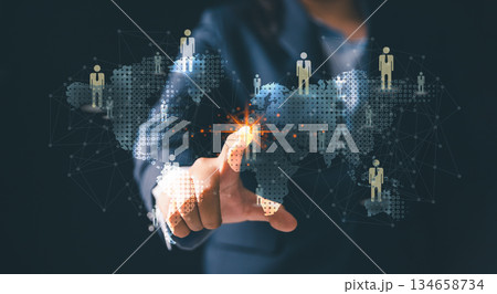Business professional interacting global digital map displaying connected human icons symbolizing worldwide networking human resources recruitment team management modern business communication systems Business professional interacting global digital map displaying connected human icons symbolizing worldwide networking human resources recruitment team management modern business communication systems 134658734
