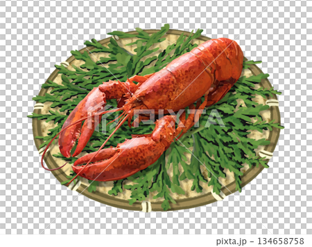 用漏杓盛著的煮龍蝦，配上柏樹葉 134658758