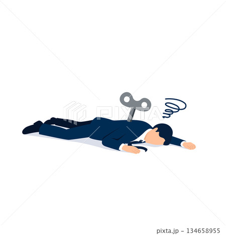 力尽きたぜんまい仕掛けのビジネスマン、エネルギー切れのイメージイラスト 134658955