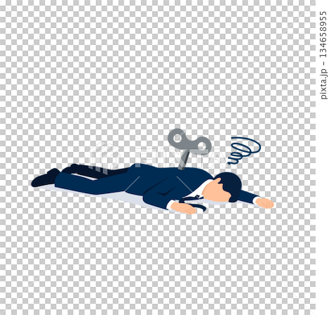 力尽きたぜんまい仕掛けのビジネスマン、エネルギー切れのイメージイラスト 134658955