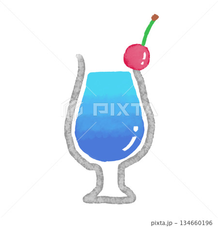 水彩手描きの夏の飲み物イラスト。チェリーが付いたグラス入りの青いカクテル 134660196