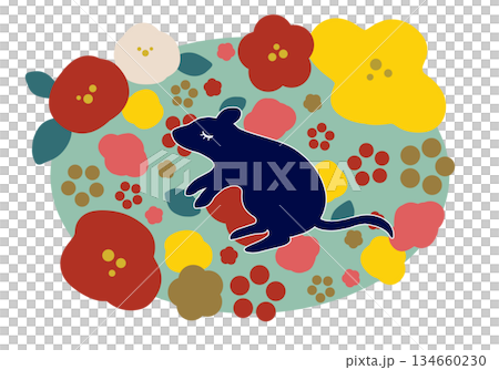 北歐風格的新年插畫，描繪了一隻老鼠和鮮花。 134660230