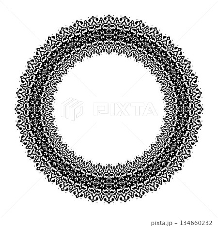Circular pattern. Black and white circular frame, repeating symmetrical arabesque and floral motifs, creating a detailed mandala-like border design. Circular pattern. Black and white circular frame, repeating symmetrical arabesque and floral motifs, creating a detailed mandala-like border design. 134660232