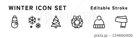 冬のアイコンセット（雪だるま、雪の結晶、ツリー、リース、ニット帽、マフラー） 134660400