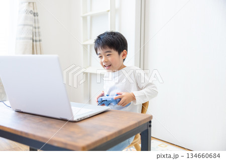 ファミリー　パソコンでゲームを楽しむ男の子 134660684