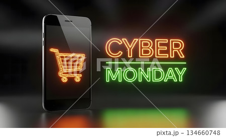 Cyber Monday neon sign and shopping cart icon on smartphone screen for online shopping Cyber Monday neon sign and shopping cart icon on smartphone screen for online shopping 134660748