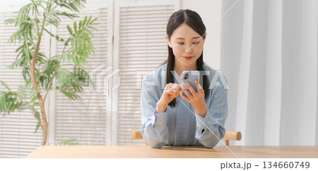 スマホを操作する若い女性（バナー） 134660749