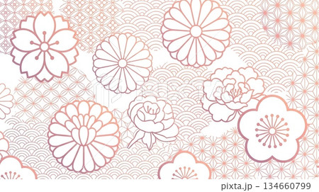 白地浮世絵風和風伝統紋イメージ雲模様水波模様テクスチャ 背景素材 134660799