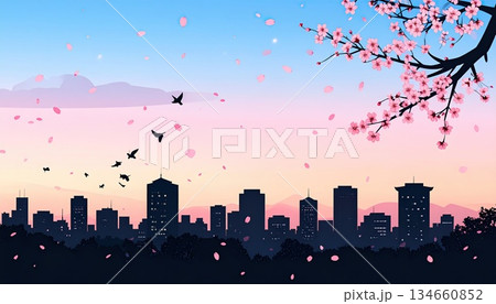 《AI画像》春の桜が舞い散る都市風景 134660852
