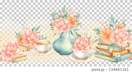 Floral watercolor seamless border. Flowers on stack of books, peonies in cup, spring bouquet in vase, pearl accessory and vintage literature. Hand drawn isolated illustration on soft yellow stain 134661161