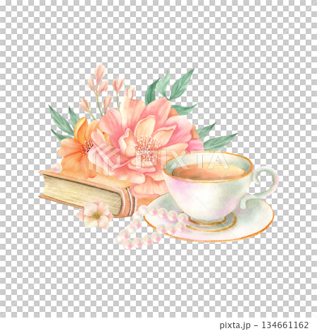 Floral arrangement with flowers, porcelain cup of tea set, vintage book, pearl bracelet. Watercolor spring blooming bouquet of peony, accessory. Hand drawn isolated illustration. Cozy home still life Floral arrangement with flowers, porcelain cup of tea set, vintage book, pearl bracelet. Watercolor spring blooming bouquet of peony, accessory. Hand drawn isolated illustration. Cozy home still life 134661162