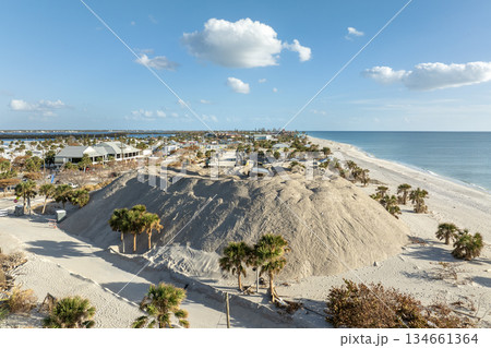 Sand piles after hurricane Milton at Englewood Beach on Manasota Key. Sand recipient site after storm surge as aftermath cleanup effort 134661364