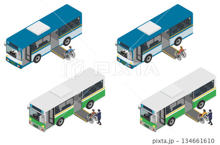 アイソメトリックイラスト：バスと車椅子セット 134661610