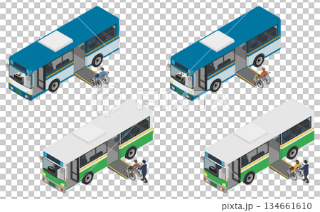 アイソメトリックイラスト：バスと車椅子セット 134661610