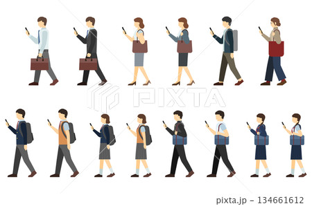 フラットイラスト：歩きスマホする人々(サイド) 134661612