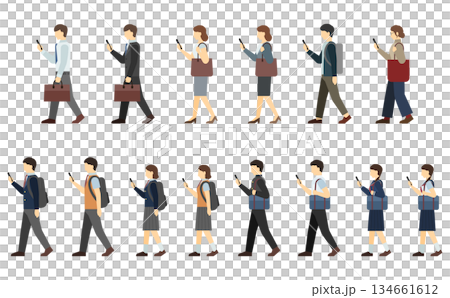 フラットイラスト：歩きスマホする人々(サイド) 134661612