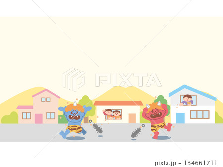 豆まきで逃げる鬼のイラスト 豆まきで逃げる鬼のイラスト 134661711