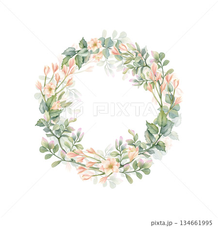 Elegant floral wreath, frame with beige flower, leaves pistachio, eucalyptus watercolor illustration. Pastel spring, summer composition. Hand drawn template in rustic style isolated from background Elegant floral wreath, frame with beige flower, leaves pistachio, eucalyptus watercolor illustration. Pastel spring, summer composition. Hand drawn template in rustic style isolated from background 134661995