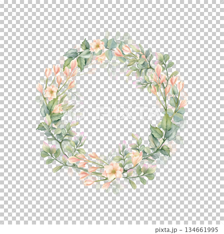 Elegant floral wreath, frame with beige flower, leaves pistachio, eucalyptus watercolor illustration. Pastel spring, summer composition. Hand drawn template in rustic style isolated from background Elegant floral wreath, frame with beige flower, leaves pistachio, eucalyptus watercolor illustration. Pastel spring, summer composition. Hand drawn template in rustic style isolated from background 134661995