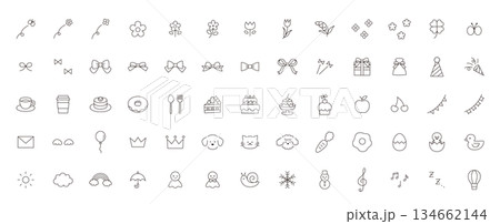 かわいいアイコンセットのベクターイラスト。飾り、花、お菓子、リボン、犬、ひよこ 134662144