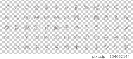 一套可愛圖示的向量插圖。包括裝飾品、花、糖果、絲帶、小狗和小雞。 134662144