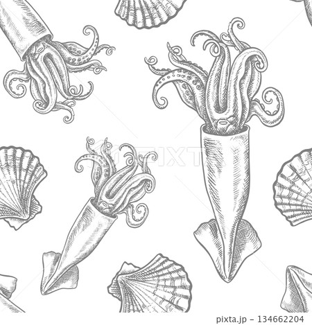 Seamless pattern of squid and scallops. Hand-drawn vector illustration. Seafood image in grayscale. Separate from the background. Perfect for packaging, labels, textiles, wrapping paper, and more. 134662204