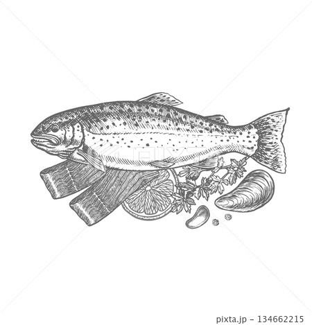 Trout with lemon and herbs. A hand-drawn vector graphic illustration. Black and white image of seafood. Separate from the background. Perfect for menus, recipe books, packages, labels, invitations. Trout with lemon and herbs. A hand-drawn vector graphic illustration. Black and white image of seafood. Separate from the background. Perfect for menus, recipe books, packages, labels, invitations. 134662215
