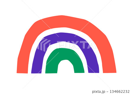 Flat cartoon vector illustration of doodle rainbow in naive kids style, bright simple shapes and playful lines, cheerful child mood, cute decorative element for children prints, nursery decor 134662232