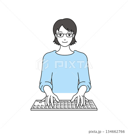 キーボードを打つ眼鏡の女性のシンプルなイラスト キーボードを打つ眼鏡の女性のシンプルなイラスト 134662766