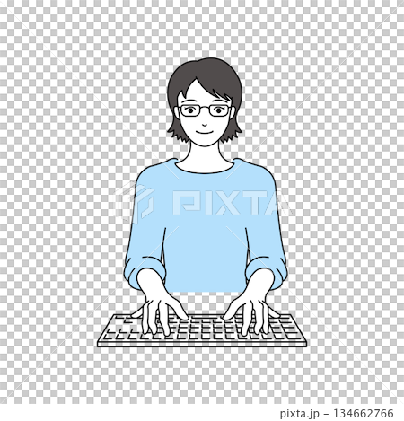 キーボードを打つ眼鏡の女性のシンプルなイラスト キーボードを打つ眼鏡の女性のシンプルなイラスト 134662766