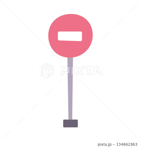 Flat cartoon vector illustration of no entry road sign in doodle kids style, white brick bar on red round background, simple playful traffic symbol, child education, posters and safety visuals Flat cartoon vector illustration of no entry road sign in doodle kids style, white brick bar on red round background, simple playful traffic symbol, child education, posters and safety visuals 134662863