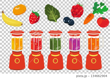 いろいろな野菜と果物と、ミキサーで作るスムージーのイラスト 134662904