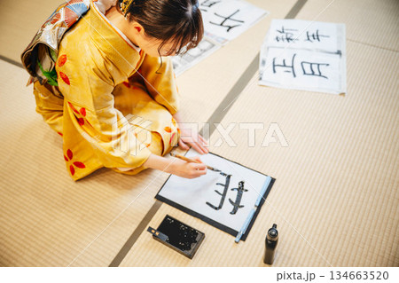 書道をする着物の女性 書道をする着物の女性 134663520