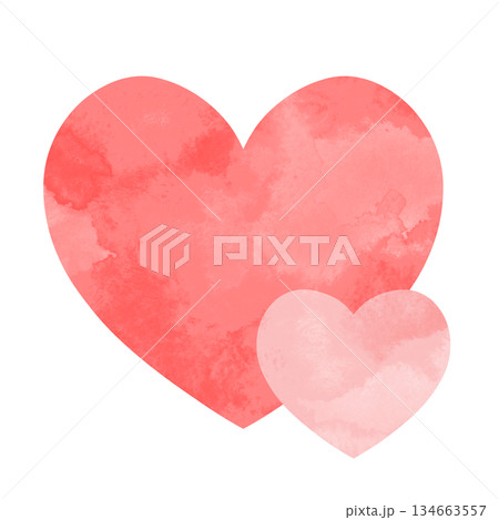 大小のハートが重なったシンプルな手描き水彩イラスト 赤 ピンク 134663557