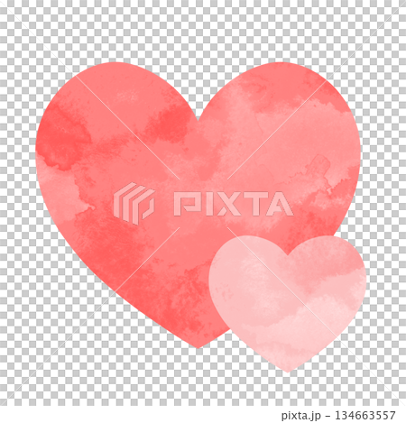 A simple hand-drawn watercolor illustration of overlapping large and small hearts in red and pink 134663557