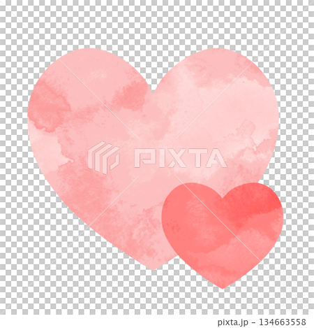 A simple hand-drawn watercolor illustration of overlapping large and small hearts in red and pink 134663558