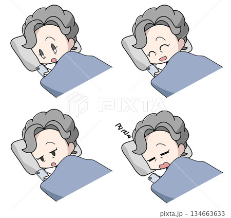 寝ながらスマートフォンを操作する高齢女性のイラスト4種類セット 134663633