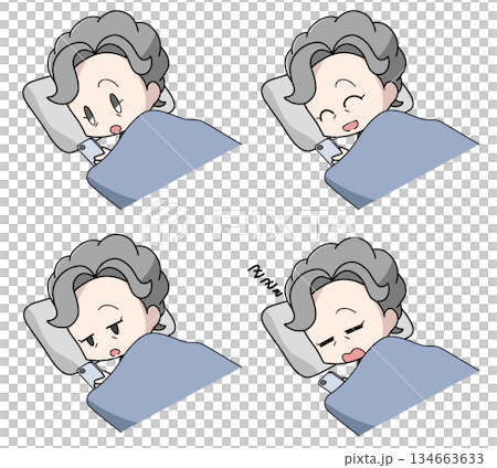 寝ながらスマートフォンを操作する高齢女性のイラスト4種類セット 134663633